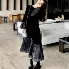 【新品】 ベロア ロングワンピース マーメイド ドレス 黒 フレア パーティー