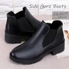レディース　ショートブーツ　黒　太ヒール　シンプル　フェイクレザー カジュアル