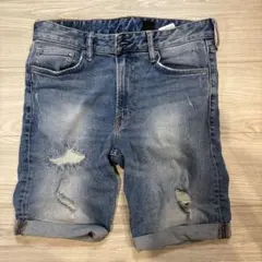 H&M DENIM ダメージ加工ブルーデニムショートパンツ
