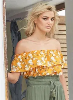 フラワープリント オフショルダー トップス