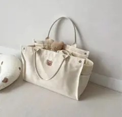 新品未使用 くま刺繍 ナチュラル キャンバストートバッグ A4対応 大容量