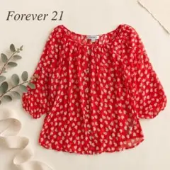 ​【美品】フォーエバー21 シフォンブラウス M 赤 ハート柄 七分袖 シアー