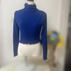 青 タートルネック クロップドニット
