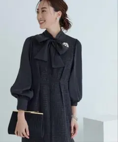 ミックスツイードコンビ・ロングナローワンピースドレス /ブラック　M