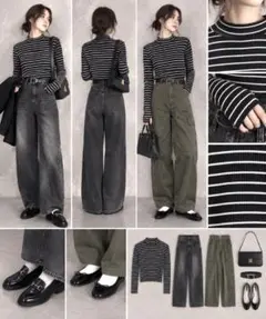 ユニクロ リブハイネックT ボーダー 長袖 カットソー モックネック 黒白 S