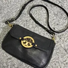 トリーバーチ レザー ショルダー ポーチ 黒 ダブルT ロゴ金具 シボ革