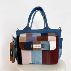 デニムリメイク　ポーチ付き　パッチワークトートバッグ