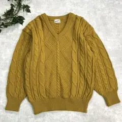 マスタードイエロー 黄色 Vネック 古着 ケーブル ニット