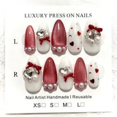 #10 ネイルチップ ワンホン 量産型 マグネット 赤 リボン ハート ビジュー