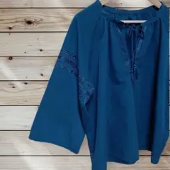 大人可愛い 刺繍ブラウス ターコイズブルー カフタン チュニック ゆったり