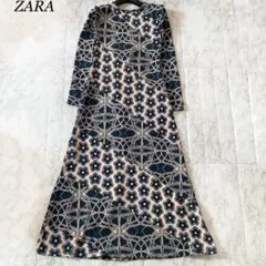 ZARA ザラ　ロングワンピース　花柄　幾何学　パッチワーク風　バックオープン