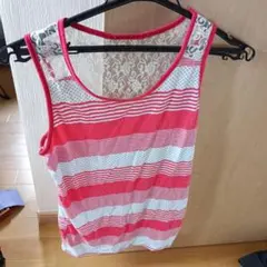 ストライプタンクトップ レース付きM