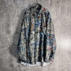 総柄シャツ レーヨン100% アート柄 レトロ配色 ゆるだぼ 雰囲気抜群 古着