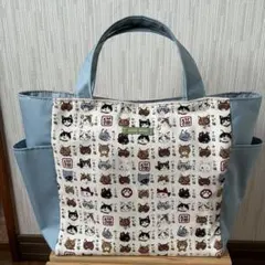 サイドポケット付き　コットンこばやし猫柄トートバッグ　ブルーグレー