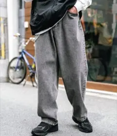 グレー デニム ワイドパンツ ユーズド加工