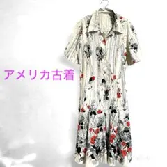 USA古着 レトロ 花柄 ワンピース 白 赤 ヴィンテージ ハンドメイド 一点物
