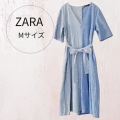 Mサイズ ZARA ストライプ柄パッチワークワンピース 半袖 ザラ シャツワンピ