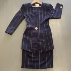 【希少】バブリースーツ セットアップ 銀ストライプ 金ボタン ウール 日本製 紺