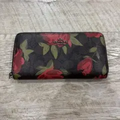 COACH コーチ 長財布 シグネチャー　花柄 ブラウン　バラ　ラウンド