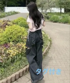 【nemne store】バックリボンサイドカットワイド デニム ブラック XS