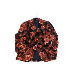 シングルボタン 花柄 ベロアテーラードジャケット　黒×オレンジ　ヴィンテージ古着