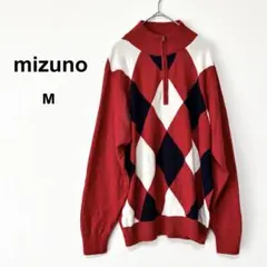 ミズノ アーガイル柄 ハーフジップニットセーター 赤白紺 派手 メンズ古着 Mのサムネイル
