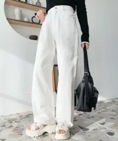 moment+ デニム＆ツイルストレートパンツ