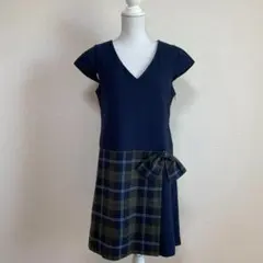 組曲 ネイビー×チェック ワンピース 3 オンワード樫山 美品 秋冬