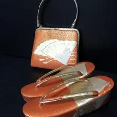 和装草履バッグセット　オレンジ／ゴールド　ヒール高め6cm 成人式　521-7