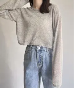 ISOOK クロップド シアー トップス ニット シースルー ロングスリーブ