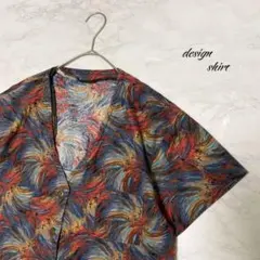 柄シャツ　総柄　アート　古着　奇抜　デザイン　アロハ　くすみカラー　レトロ