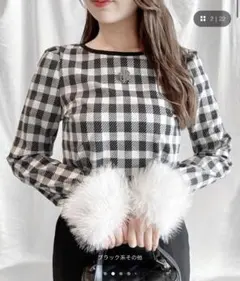 NOMAE 長袖 チェック柄 ファー付き トップス　フレンチガーリーのサムネイル