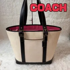 【美品】COACH トートバッグ ストロー素材 ブラック ピンク 肩掛け　A4