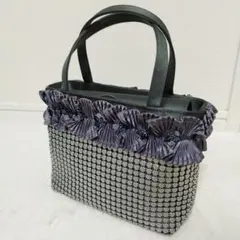 ビーズ　フリル　ハンドバッグ グレー/パープル　パーティーバッグ