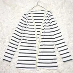 カーディガン ボーダー パール ロング 長袖 オープンタイプ エレガント