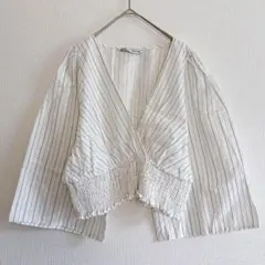 ザラ　ZARA カットソー　リネン混　麻　袖大きめ　ストライプ　L トップス