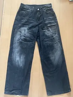ダメージ加工 ブラックデニム ワイドパンツ
