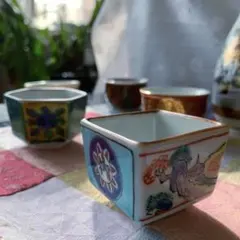 九谷焼木米、青郊角福、永楽、八一郎お猪口5客、寿山窯徳利2本揃　最終大幅値下げ