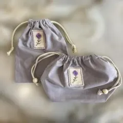 グレーの刺繍巾着袋 中型 2個セット