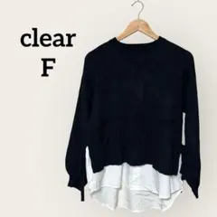 春に　clear 長袖異素材トップス　紺×白　薄手ニット×白シャツ F