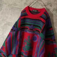 【AROSA 80s-90s 個性派 ニットセーター】赤 L〜 総柄 抽象アート