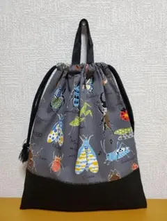 持ち手付き巾着袋  上靴入れ   グレー昆虫図鑑柄×ブラック 持ち手付き巾着袋 上靴入れ お道具袋 ピクセルアートゲーム ブラック