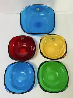 昭和レトロKAGAMI CRYSTALブルー金彩鉢＊4色ガラス鉢4点まとめて5個のサムネイル