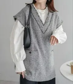 美品 DISCOAT ディスコート ツイード深Vベスト グレー