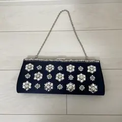 ネイビー ビジュー付き クラッチバッグ