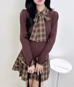 ブラウンチェック柄リボン付きワンピース