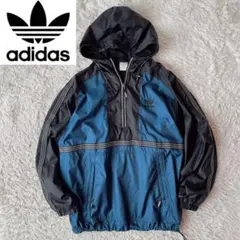 adidas ハーフジップ ウィンドブレーカー トレフォイル刺繍 黒×くすみ青