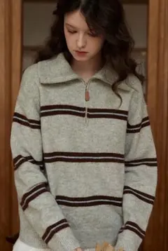 グレー ストライプ ハーフジップ ニット M