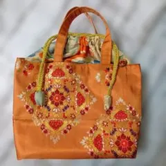 姫様の帯リメイクオレンジ色刺繍あおり巾着トートバッグハンドメイド