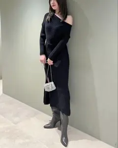 【新品】SNIDEL スナイデル ワンショルアシメニットワンピース ブラック